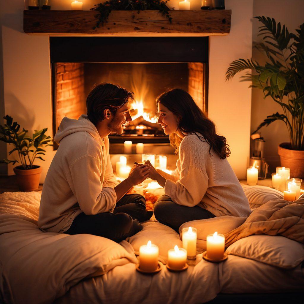 A warm, inviting scene of two individuals sharing a heartfelt conversation by a glowing fireplace, surrounded by flickering candles and soft cushions. The atmosphere is charged with an enchanting glow, hinting at their playful intimacy, with their hands gently touching and honest expressions on their faces. Include lush plants in the background and scattered love notes to symbolize connection and passion. super-realistic. warm colors. cozy ambiance.